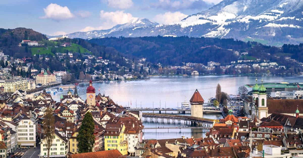 Lucerne, Switzerland, aerial view of the old town, lake and Rigi