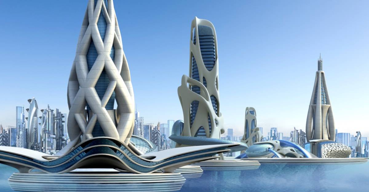 Futuristic building architecture and city skyline.