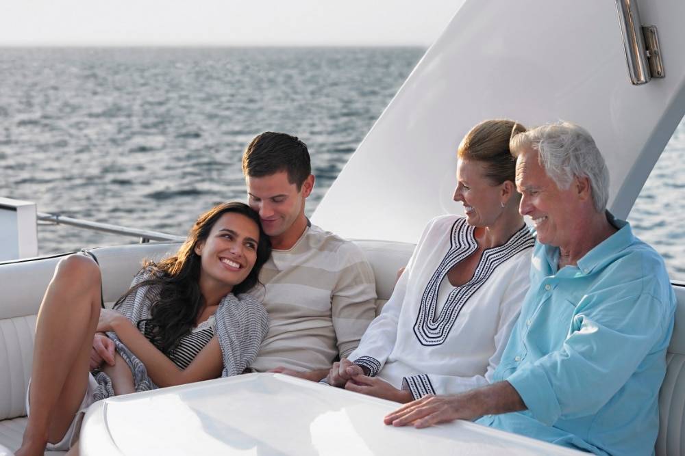 Couple de personnes âgées et jeune couple assis dans un yacht.
